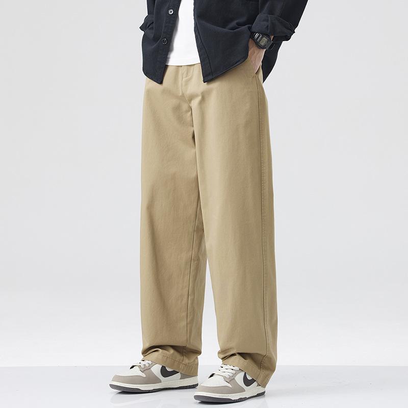 American retro pure cotton loose casual wide-leg pants men's drape straight solid color spring and autumn new mid-waist long pants