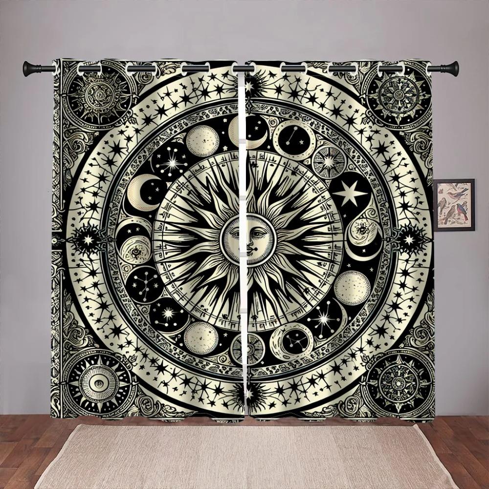2Panel Retro Sun Moon Curtain Constellation Darkening Window Curtain Gothic Boho Mandala Drapes For Living Room Bedroom Window