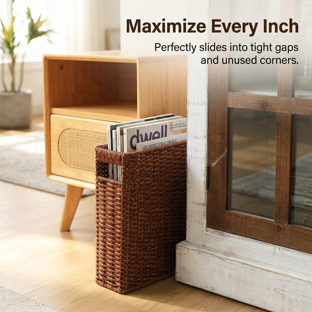 Narrow Wicker Basket Home Office Organizer, HandWoven PE Rattan Beside Sofa Storage, Apartment
