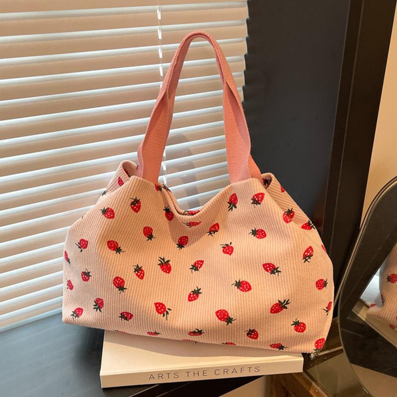 Korean New Strawberry Printed Corduroy Shoulder Bag Small Fresh Literary Tote Bag Girl Travel Shoulder Backpack