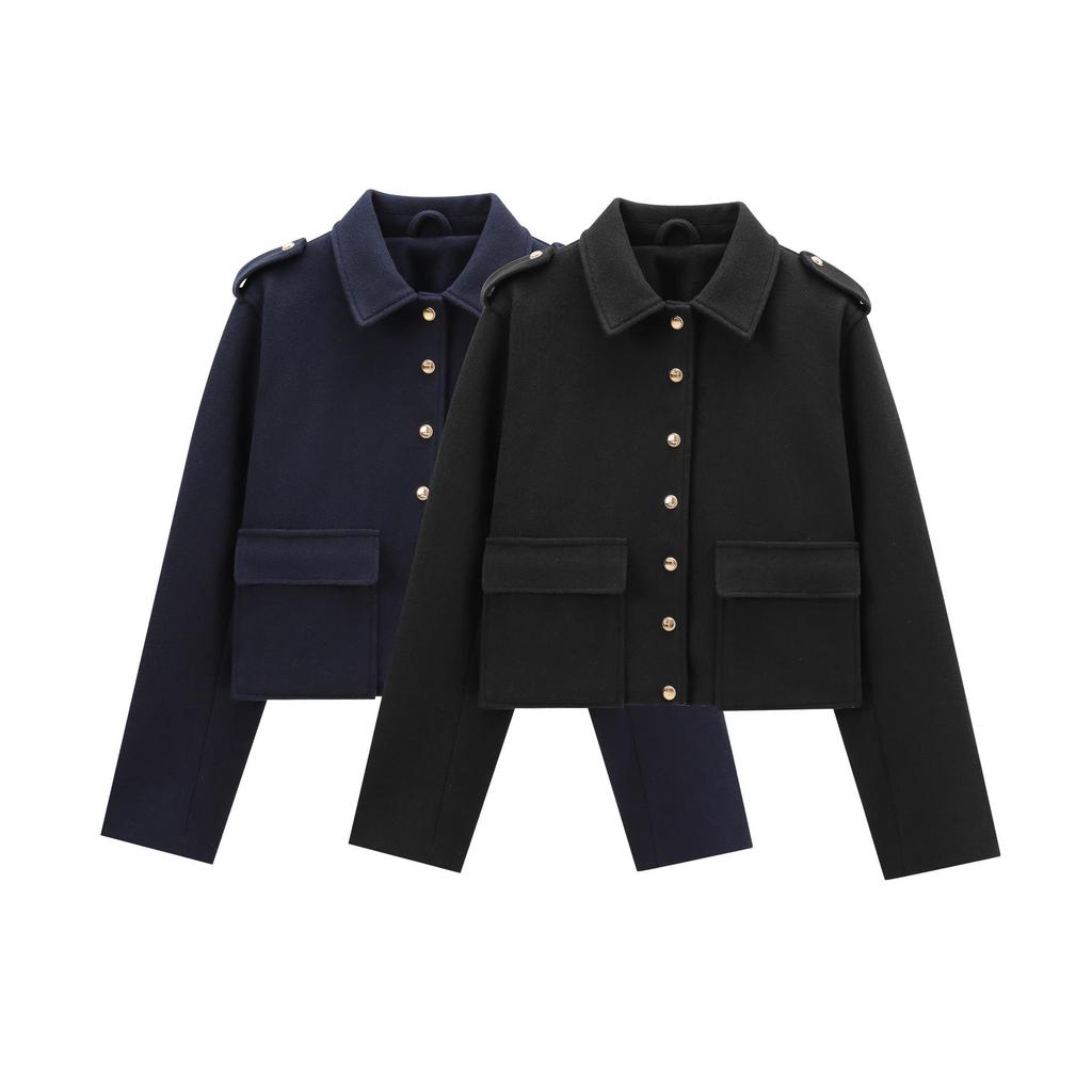 Navy-Style Gold Button High-Waisted Autumn Jacket for Women