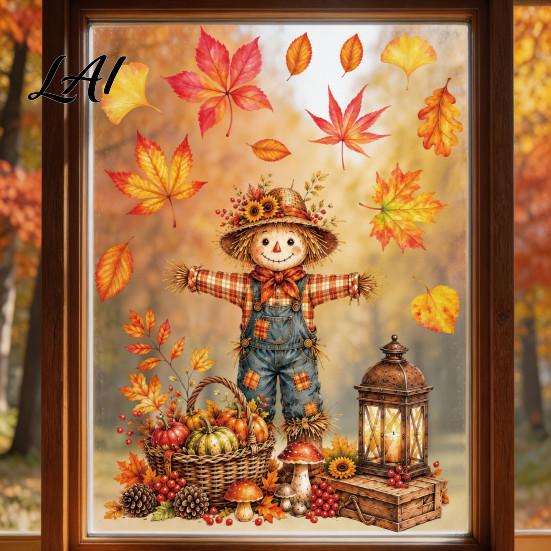 Thanksgiving Home Decor 6 Sheets Autumn Harvest Static Window Stickers Maple Leaves Scarecrows Bicycle Owl Transparent PVC Decals Decals Reusable