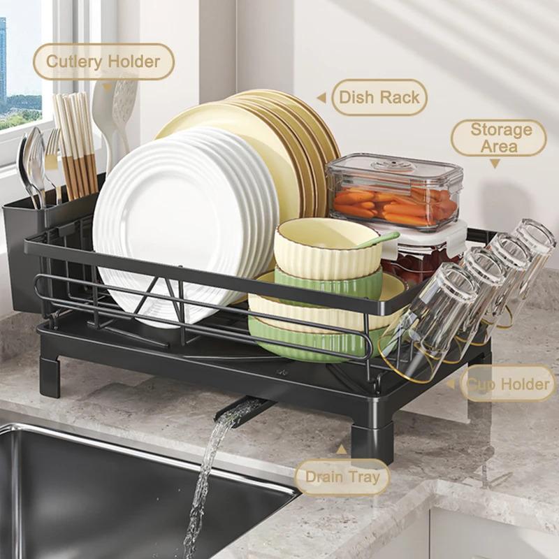 Dish drainer rack with cup holder and utensil caddy, non-slip metal drying rack, compact for 1-3 persons, removable drain tray