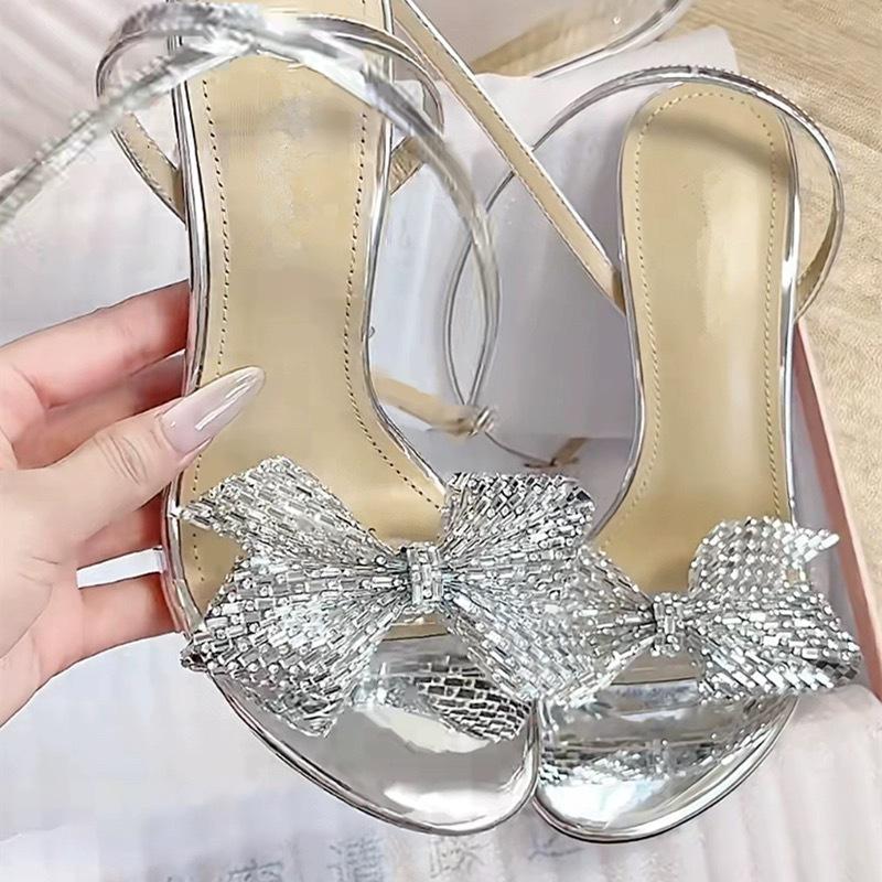 High heels summer transparent word with open toes temperament rhinestone bow silver sandals women