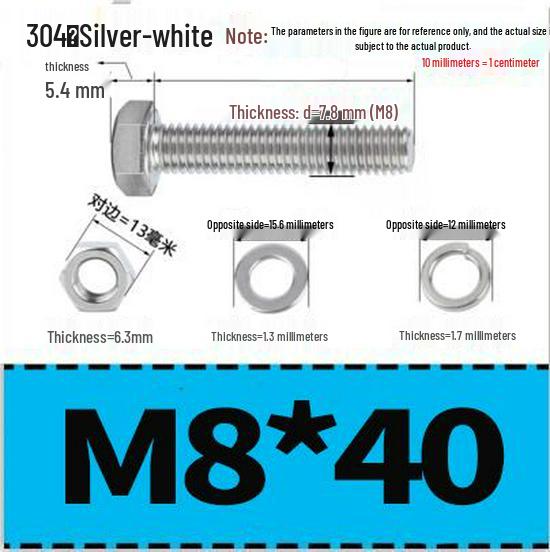 304 Stainless Steel Hex Head Bolt and Nut Set M6-M14, Lengths 8-100mm
