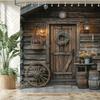 Country Retro Wooden House Printed Fabric Shower Curtain, Pastoral Wood Plant Pattern Bathroom Curtain Decoration, With Hooks