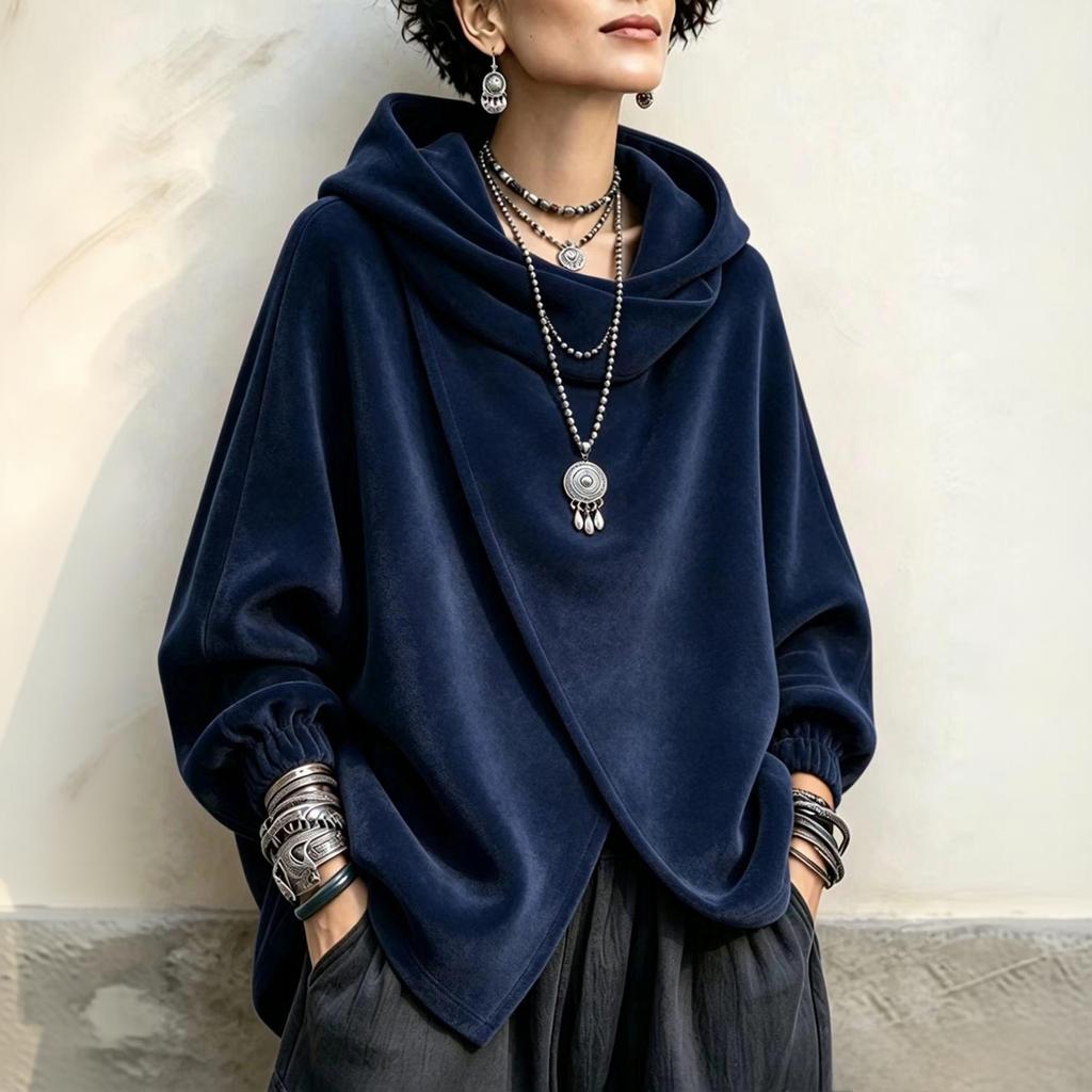 Women's Hooded Cape- Casual Jacket with Asymmetric Cross Hem for Everyday Wear