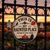 Vintage Style Seasonal Sign My Haunted Place Halloween Door Sign, Rustic Metal Entryway Decor Hanging Festive Decoration for Front Indoor Cemetery