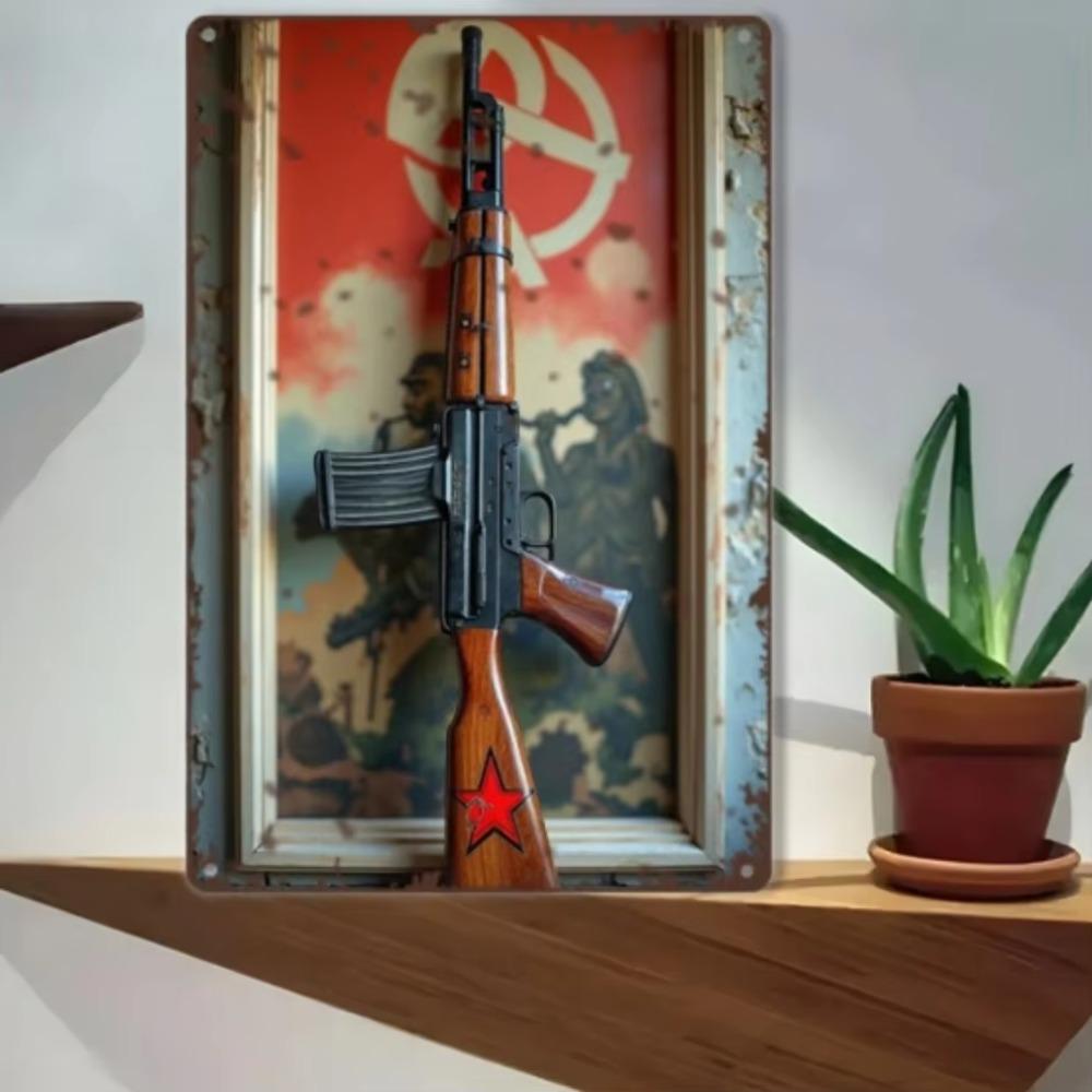 Flat 2D AK47 Metal Sign Retro Military Wall Art 8x12 Inch
