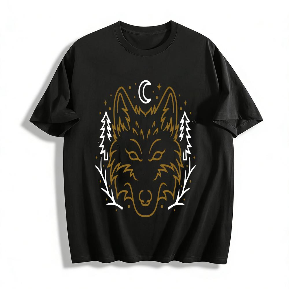 

Vintage Line Art Wolf Head Print Casual T-Shirt Unisex Trendy Top Pure cotton T-shirt XXS