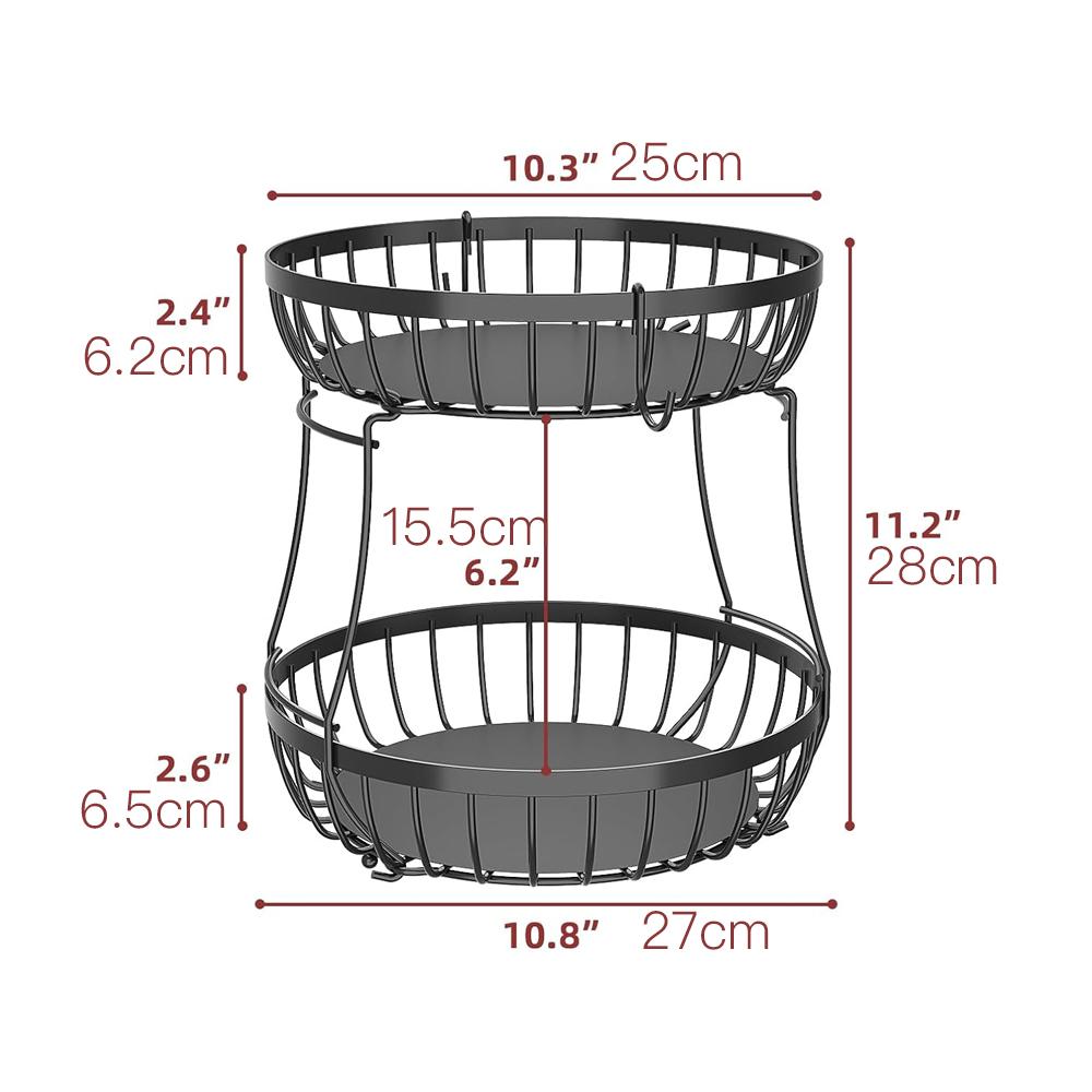 

2 Tier Large Fruit Basket for Kitchen Counter with 2 Banana Hangers, Metal Stackable Fruit Bowl for Kitchen Counter for Bread чёрный