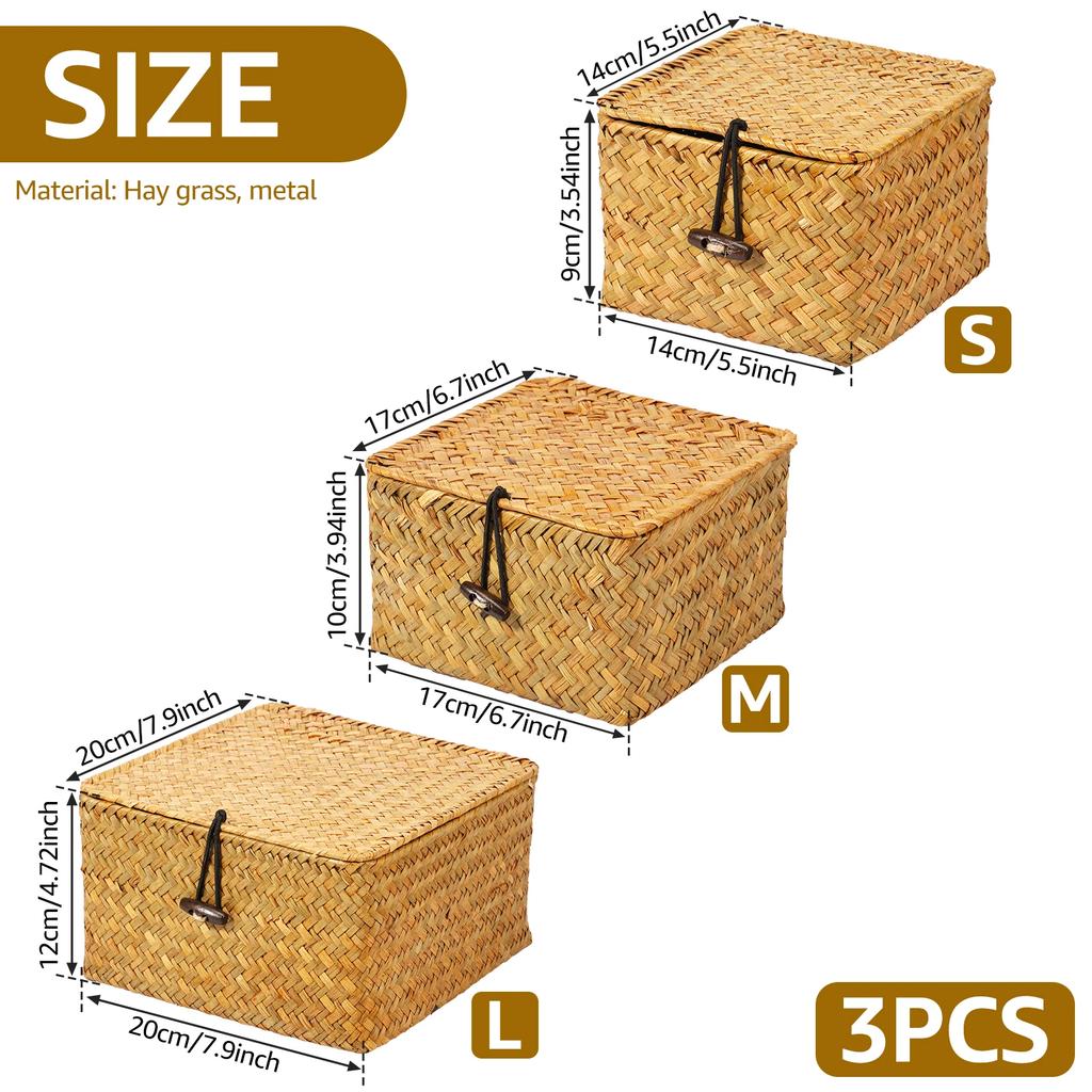 3Pcs Natural Storage Basket with Lid Stackable Large Seagrass Basket Organizer Bins For Home Kitchen Grocery Storage Container