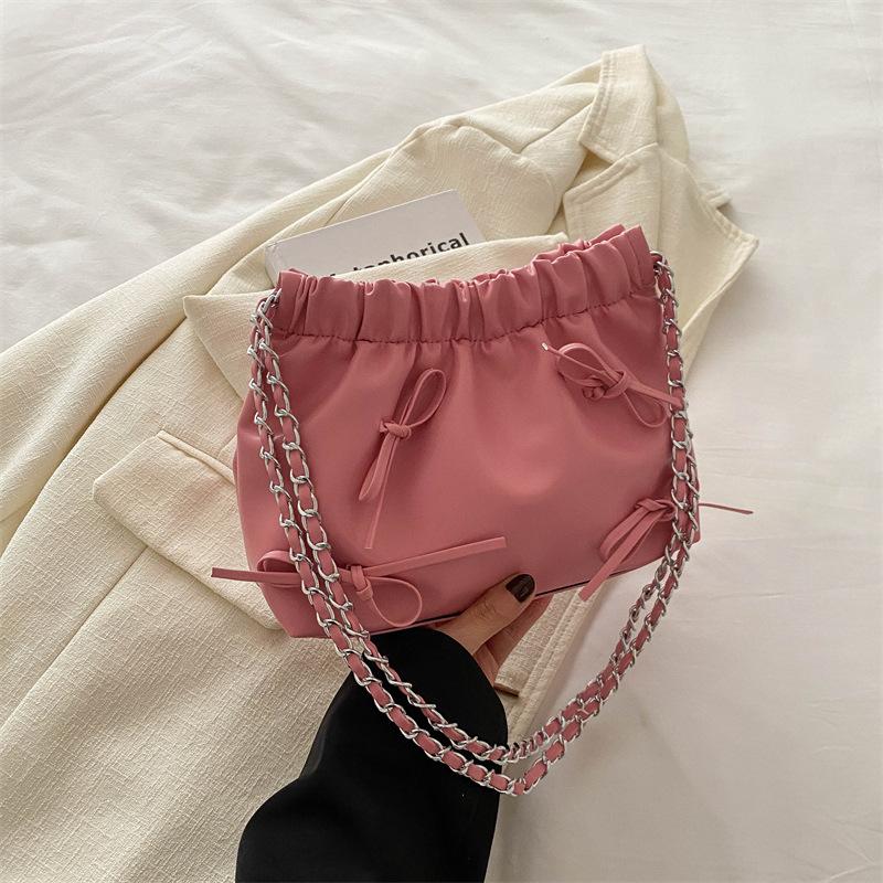 Large Capacity Simple Leisure Commuter Bucket Bag Chain Bowknot Shoulder Bag for Women Girl Gift