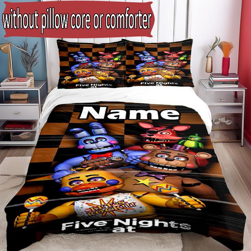 3pcs Duvet Cover Set (1*Duvet Cover + 2*Pillowcase, Without Core), Custom Name Five Nights At Freddy's Pattern Bedding Set, Home Bedroom Decor Gift
