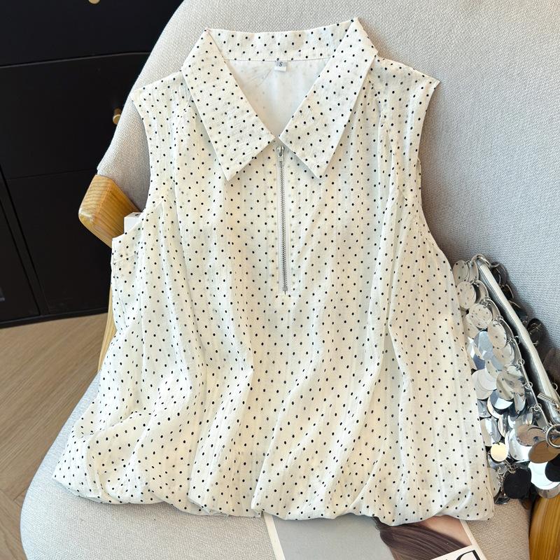 Real Shot 2026 Summer French Small Lapel Polka Dot Sleeveless Loose and Thin Versatile Top Lapel Half Metal Zipper Polka Dot Sleeveless Blouse S