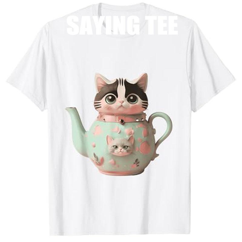

Cute Cat Pastel Teapot Feline Tea Enthusiast Novelty Y2k Design TShirt Womens Fashion Streetwear Clothes Kitty Graphic Tee Top S