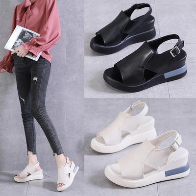 Thick-soled Wedge Sandals for Women Summer High-heeled Fish-mouth Women's Shoes Soft Leather Height-enhancing Roman Shoes