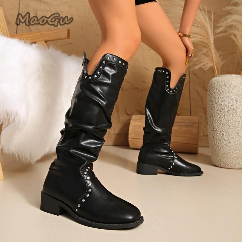 Fashion Rivet Decor Mid-Tube Boots Autumn New for Women Black PU Mid Heel Long Leather Boots Pleated Slip on Bottes Femmes Fashion Botas