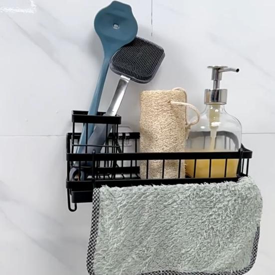 Sink Organizer with Towel Rail Double Compartment Storage Rack Removable Drain Tray Rust-Proof Iron Kitchen Caddy for Sponges Brushes Dishcloths