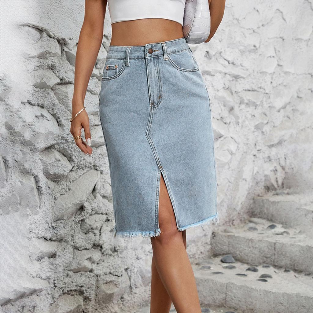 Women's Fashionable High-Waisted Mid-Length, Hip-Hugging, Slit Denim Half-Length
