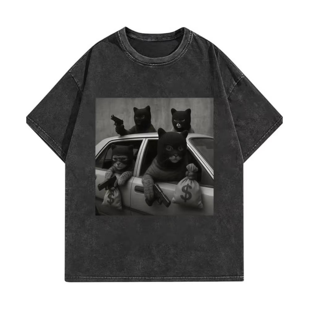 Lustige Katzenbande Meme Grafik T-Shirts Herren Damen Mode Vintage Gewaschene T-Shirts Sommer Hohe Qualität Baumwolle Übergroße T-Shirts