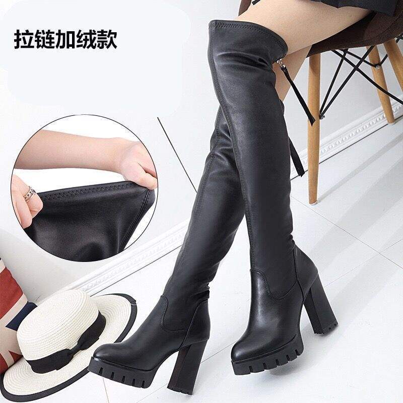 Winter new velvet thick heel knee boots Korean version versatile women's leather boots women's boots high heel boots velvet high boots