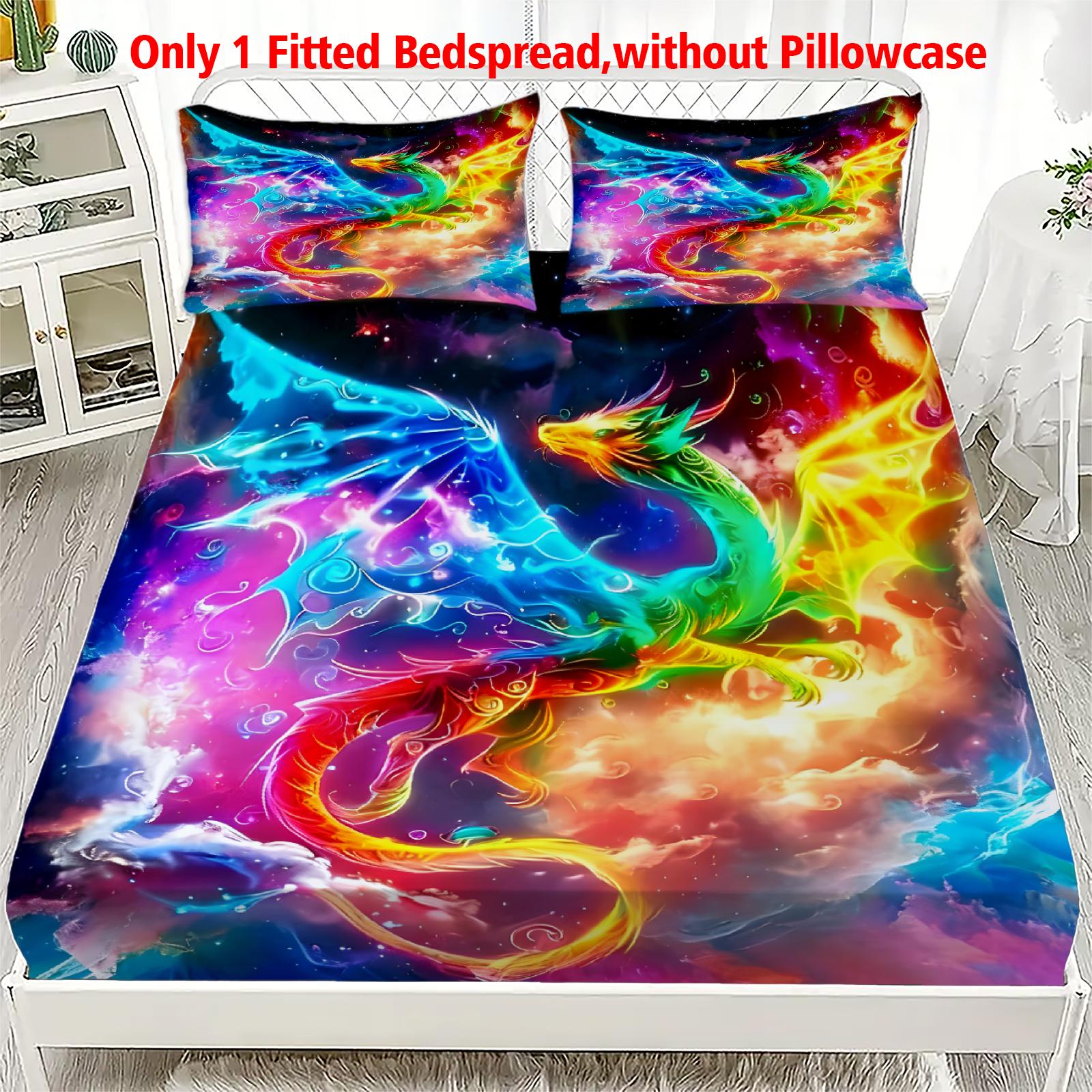 

1pc Colorful Drogan Print Fitted Sheet 100% Polyester Durable Bedding Set Sheet for Home Bedroom Decoration Birthday Gift 99x190x25cm