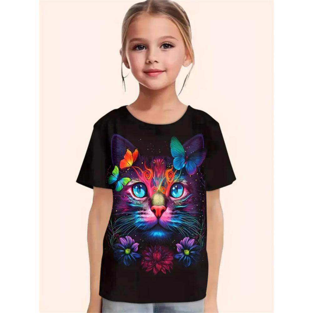Roupa de Menina 2025 Gato de Desenho Animado Animal Fofo Estampa 3D Moda Casual Camisetas Engraçadas Camisetas de Menina Top de Verão de Manga Curta