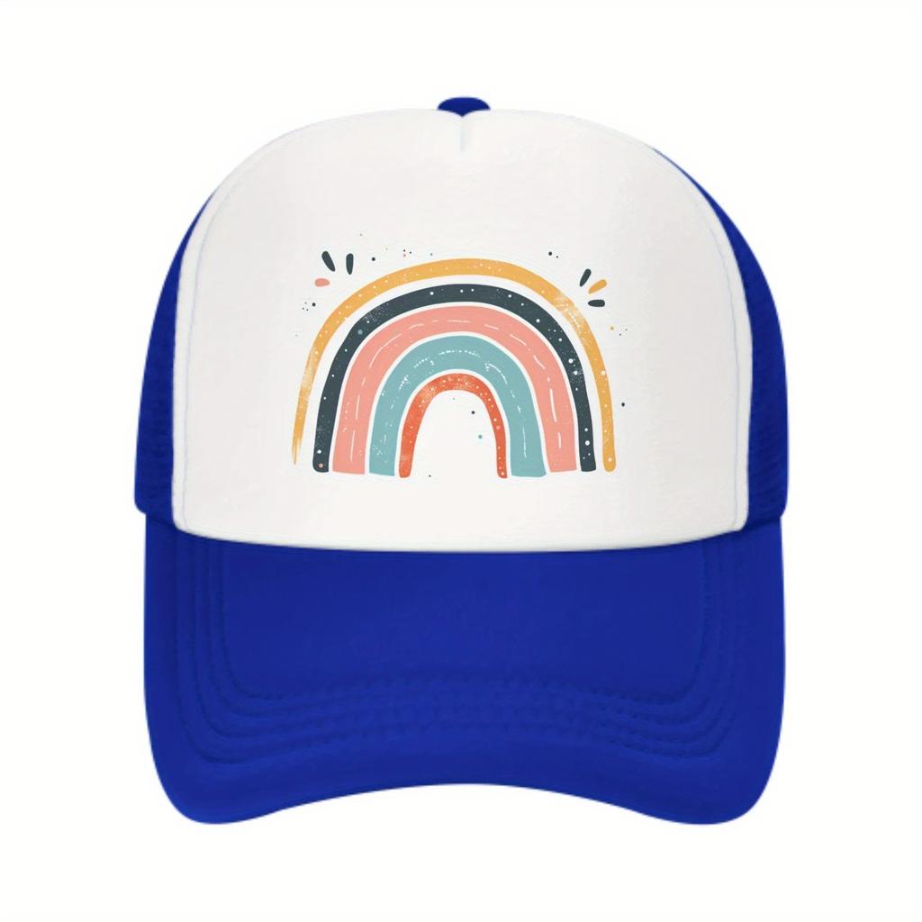 Rainbow Graphic Trucker Hat Pink Mesh Back Adjustable Baseball Cap Breathable Summer Outdoor Sports Cap