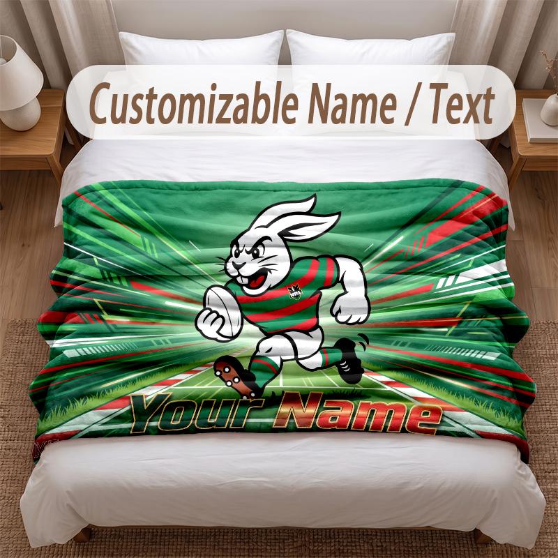 South Sydney Rabbitohs Printed Flannel Blanket Custom Name Text Soft Warm Throw For Bedroom Holiday Gift