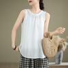 Women Round Neck Gathered Front Crinkled Linen Cotton Sleeveless Tank Top