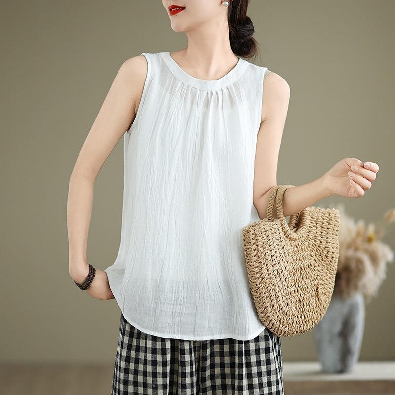 Women Round Neck Gathered Front Crinkled Linen Cotton Sleeveless Tank Top