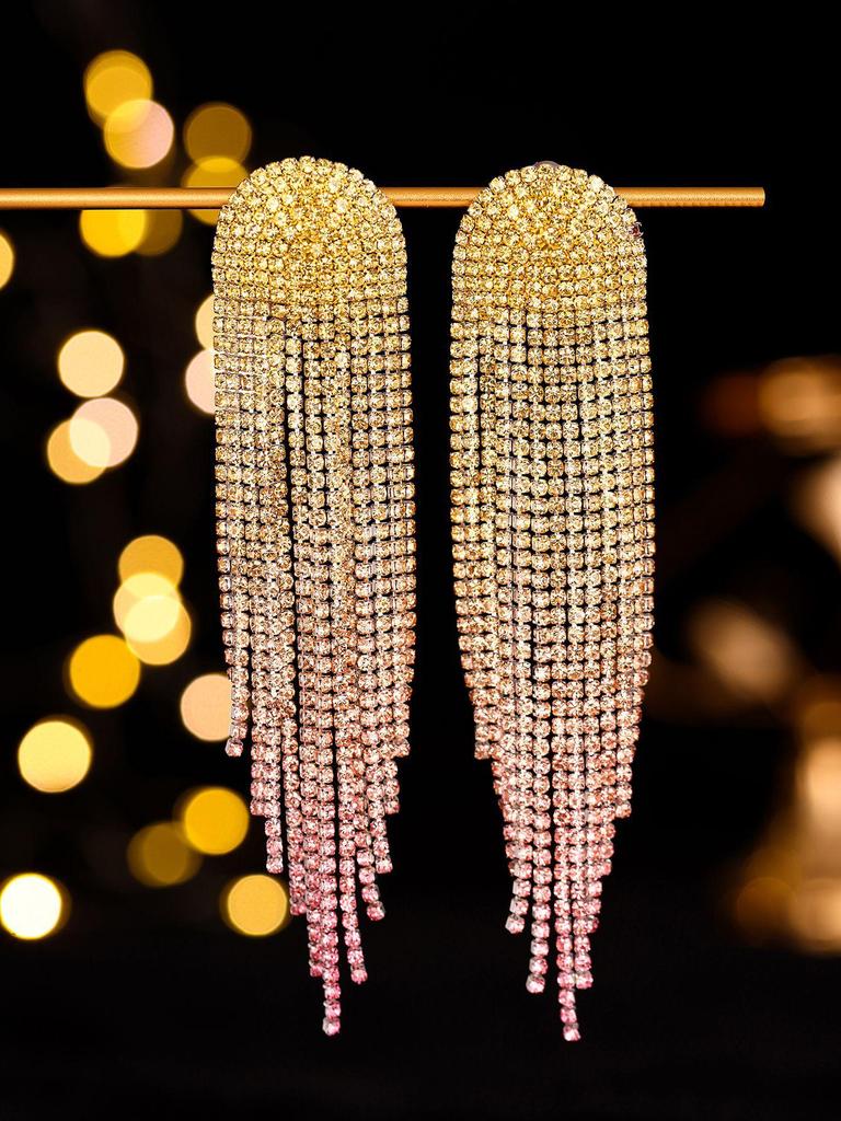 European & American Gradient Diamond Tassel Earrings for Women – High-End Design