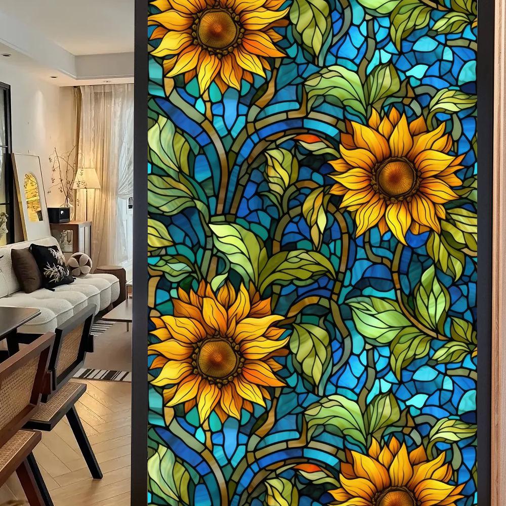 Colorful Retro Floral & Bird Static Cling Window Film - No Glue, Removable