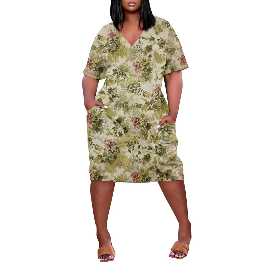 Summer Plus Size V Neck Short Sleeve Knee Pocket Print Casual Dress For Women