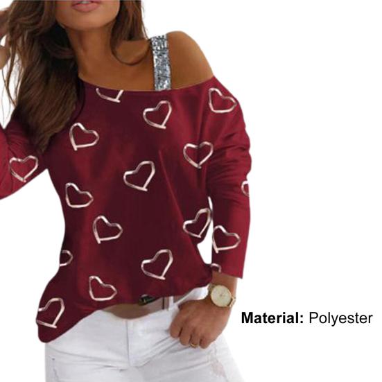 Dámska blúzka s potlačou srdca lomený krk Voľné sexy tričko top sveter na jar jesene