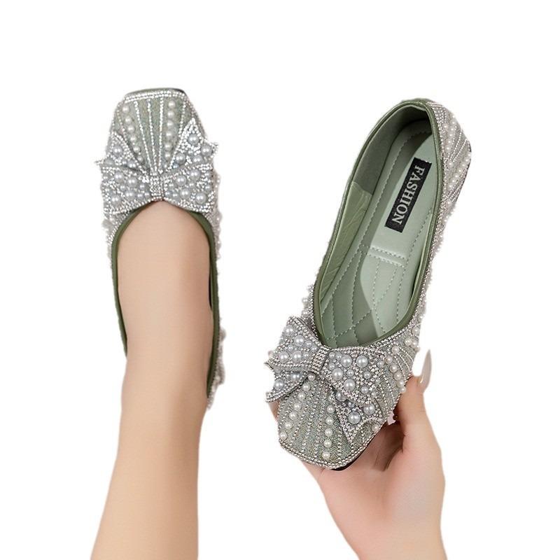 Flat-bottomed pearl bow single shoes women's new temperament soft-soled lazy one-pedal ladyshoes