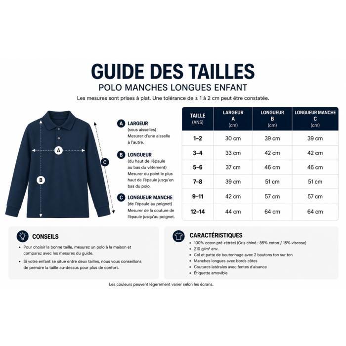 Polo uni enfant fille garçon manches longues – 100 % coton 210 g/m² - Bleu