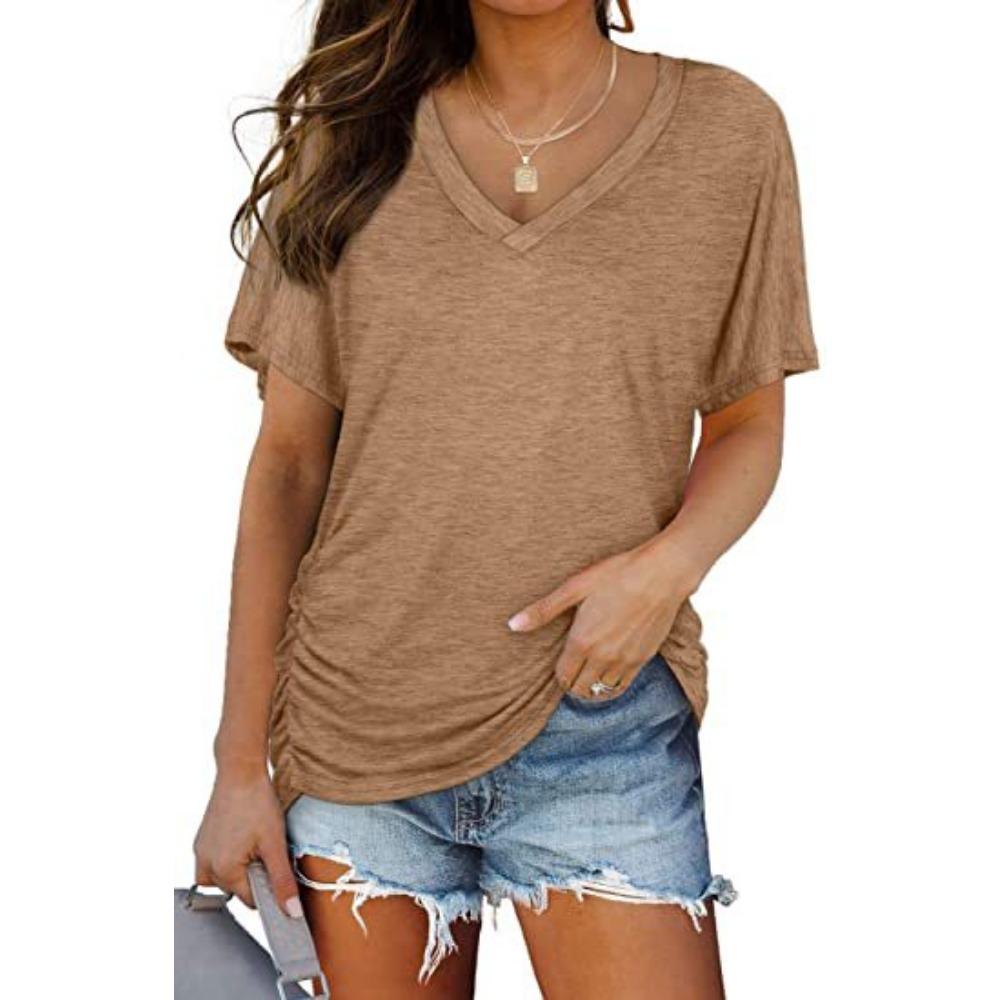 Women's New Solid Color Batwing Sleeve Side Pleated V-neck Short-sleeved T-shirt