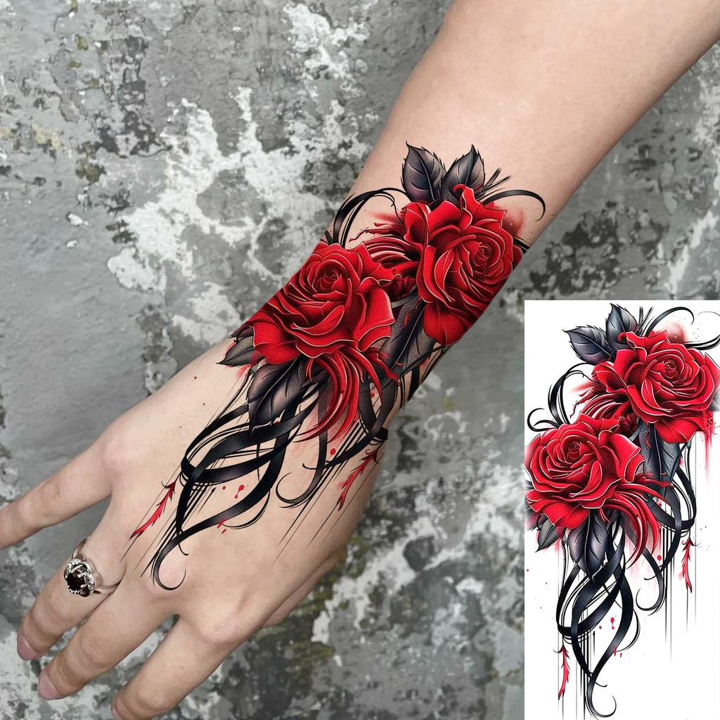1 Sheet Colorful 3D Rose Flower Butterfly Temporary Tattoos For Women Adults Hand Foot, Waterproof Realistic Fake Tattoo Sticker