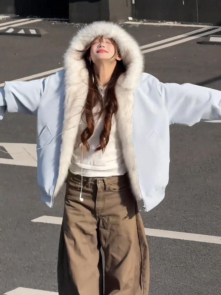 American Style PU Leather Fur Collar Cotton Jacket - Unisex Winter Outerwear, Velvet Lined, Thickened for Warmth.