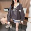 Spring Summer Contrast Lacing Loose T-Shirts Polo Neck Long Sleeve Patchwork Tops Tees Casual Women Clothing