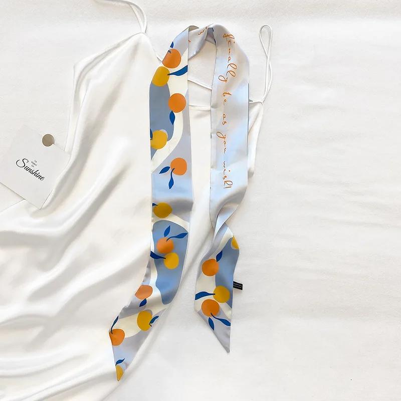 Long Skinny Hair Scarf For Women Fashion Fruit Print Kerchief Cute Headband Silk Satin Neck Scarfs 7*130cm Band Bag Scarves