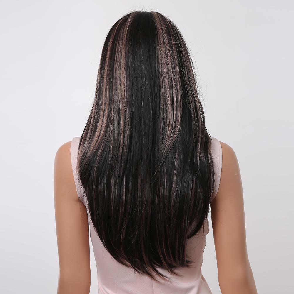 Dlouhé rovné syntetické paruky černé s melírovaným vlasem Paruky Střední část pro ženy Tepelně odolné cosplay paruky