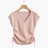 Französischer Eis-Seiden-Strickpullover Damen Sommer Neu V-Ausschnitt Kordelzug Figurbetont Dünnes T-Shirt Ärmelloses Top