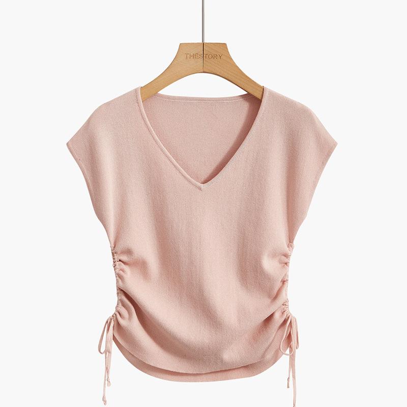 

French ice silk knitted sweater women s summer new V-neck drawstring slim-fitting thin T-shirt short sleeveless top One size fits all розовый