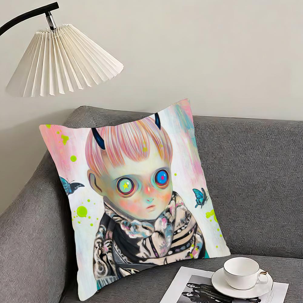 H-Hikari Shimoda IllustrationS Cushion Cover Reversible Plush Pillow Cover – For car, sofa, bedroom, perfect as a gift.