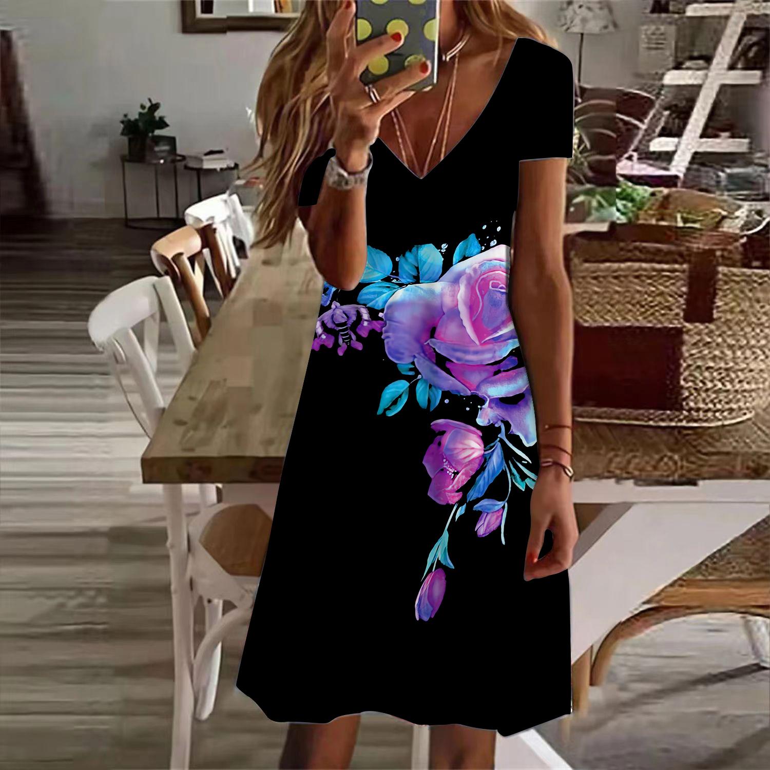 

Летняя мода женское платье с V-образным вырезом и коротким рукавом с принтом роз и цепочкой сексуальное платье 8XL розовый