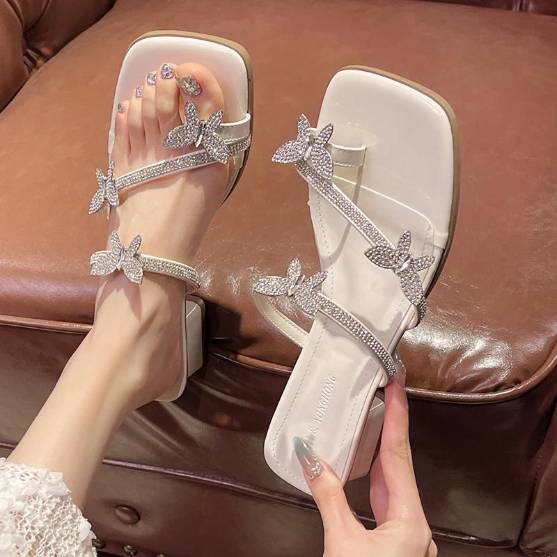 Fashion 2025 Fashion Silver Crystal Sandals Women Rhinestone Butterfly Thick Heel Sandles Woman Summer Med Heeled Party Shoes Female