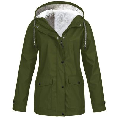 Autumn and Winter Outdoor Hiking Jacket Plush Zipper Hooded Waterproof Warm Coat Slim-fit Temperament Outerwear Solid Color